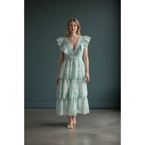 FAERIESTY Tiered Maxi Dress Teal White Tie Dye Ruffle V Neck Midi Medium